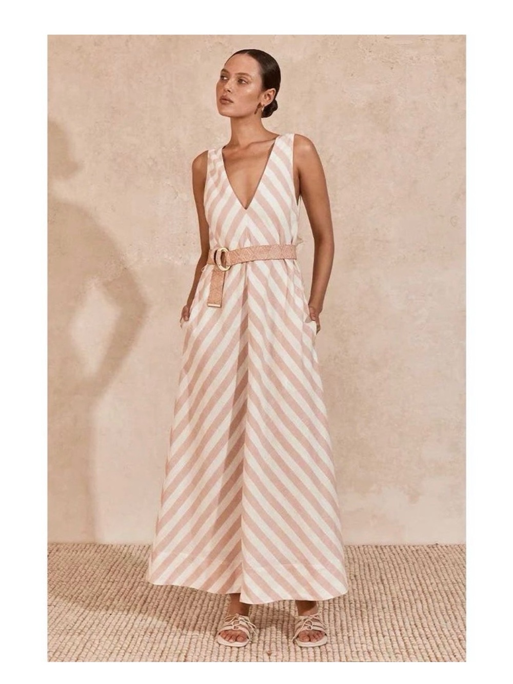 MON RENN Frida Sleeveless midi Dress in White and Pink size XS NWT $199